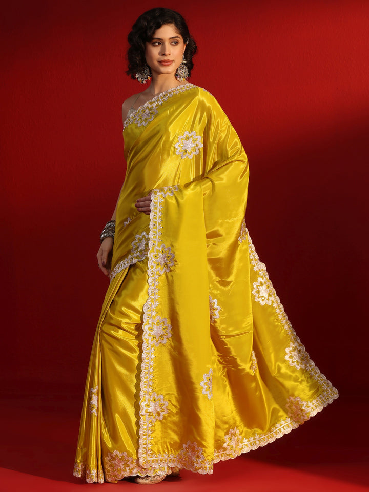 Libas Mustard Floral Embroidered Sequinned Satin Saree