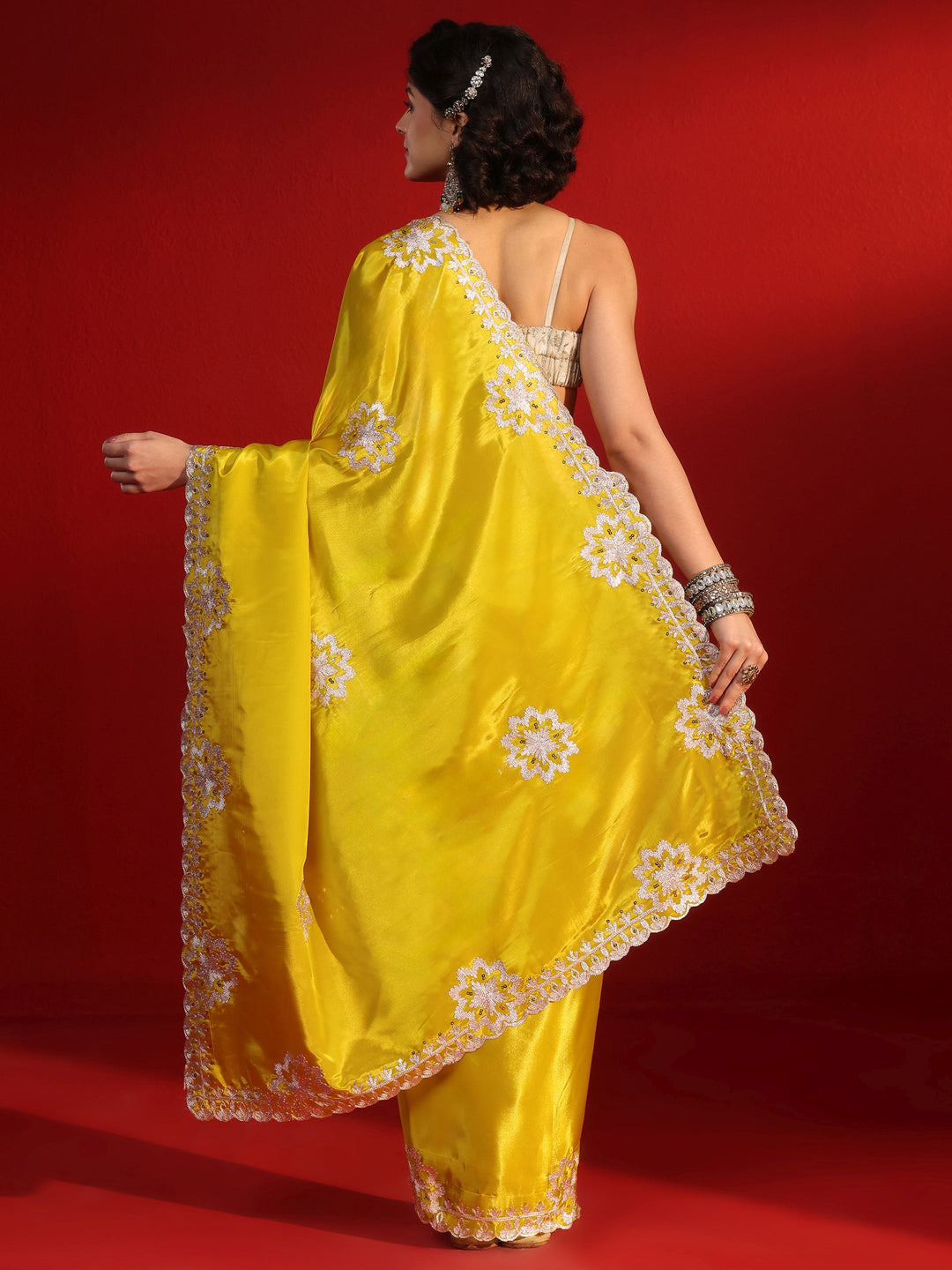 Libas Mustard Floral Embroidered Sequinned Satin Saree