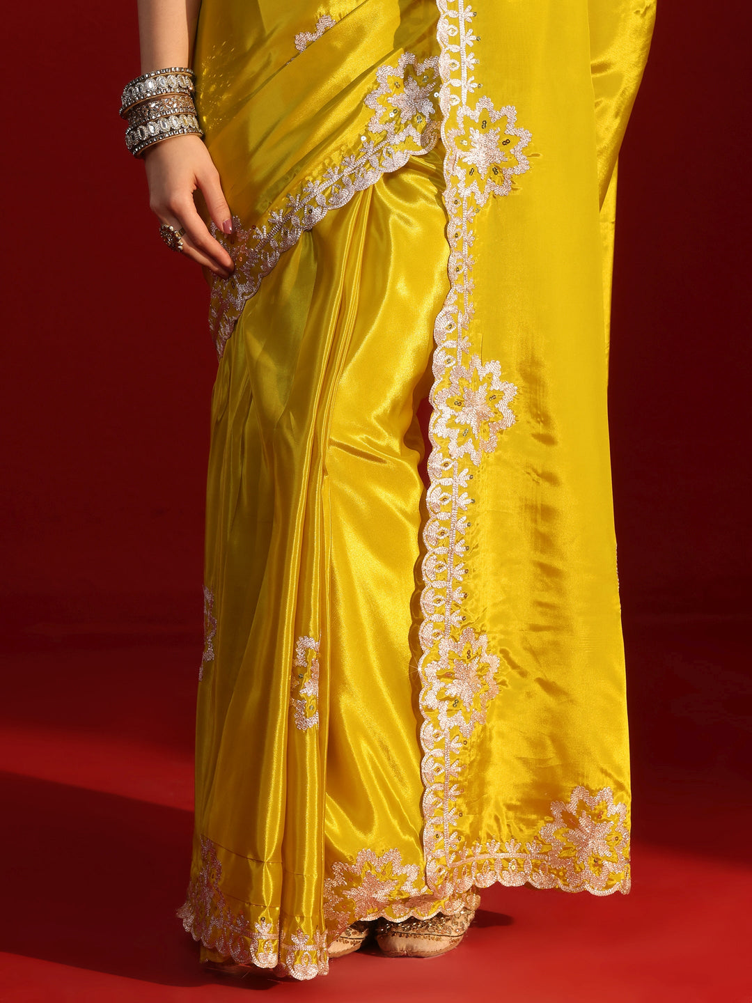 Libas Mustard Floral Embroidered Sequinned Satin Saree
