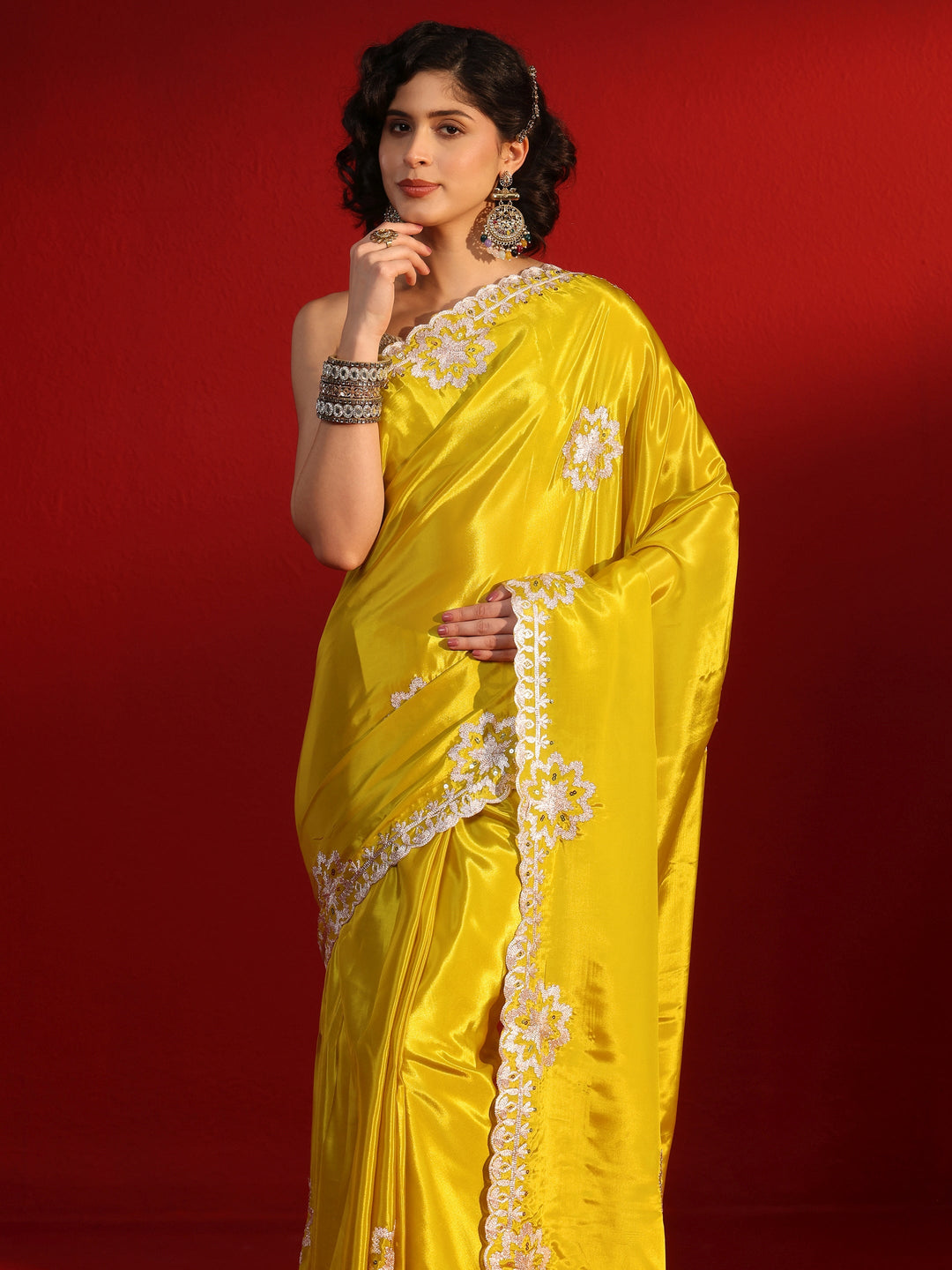 Libas Mustard Floral Embroidered Sequinned Satin Saree