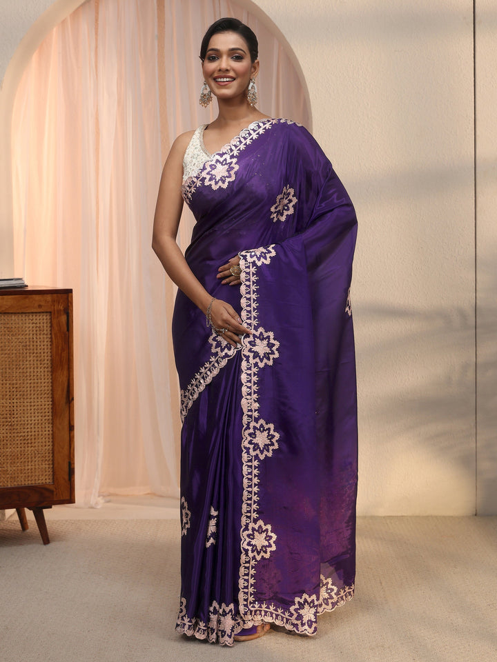 Libas Purple Floral Embroidered Satin Saree