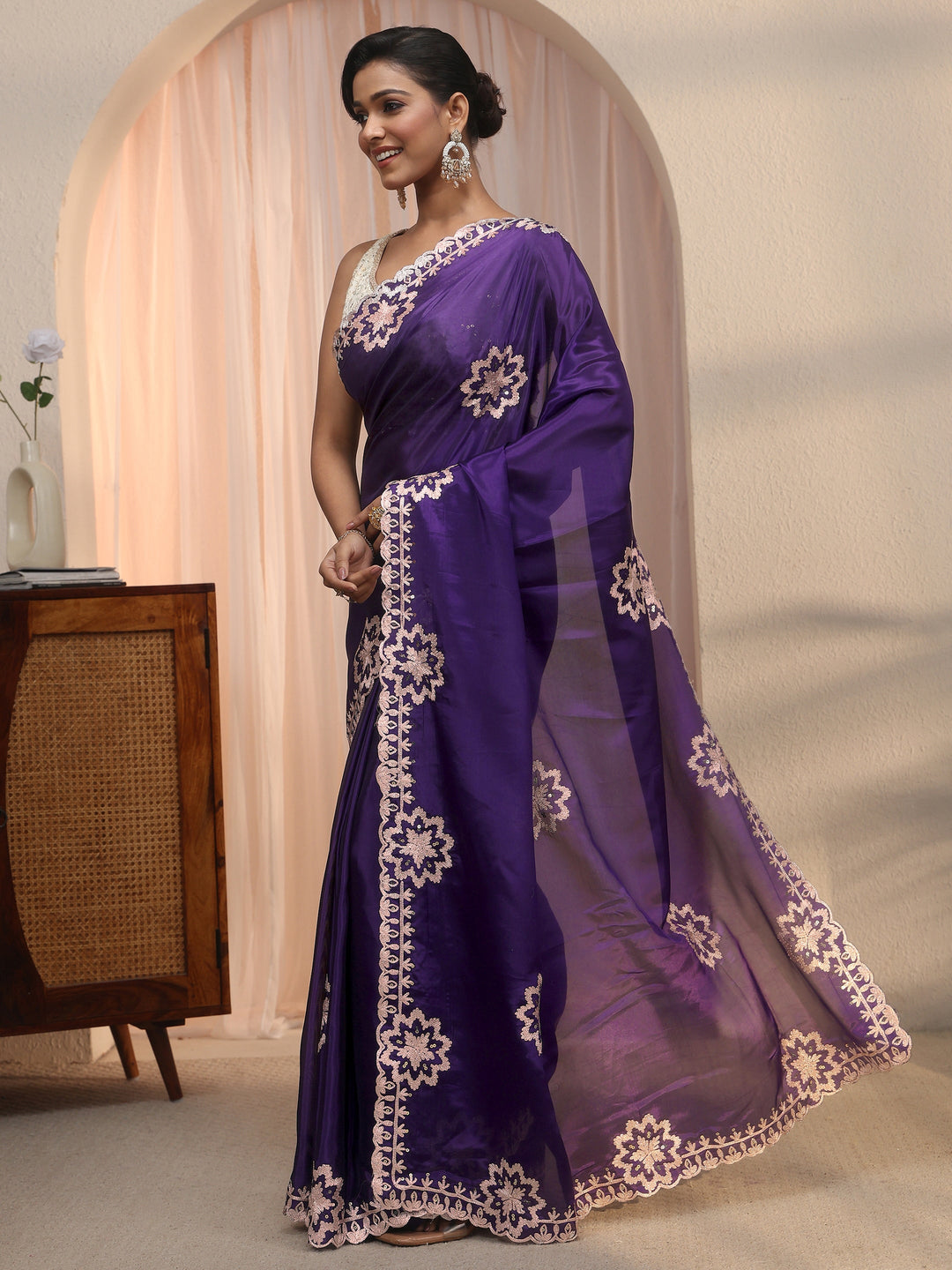 Libas Purple Floral Embroidered Satin Saree
