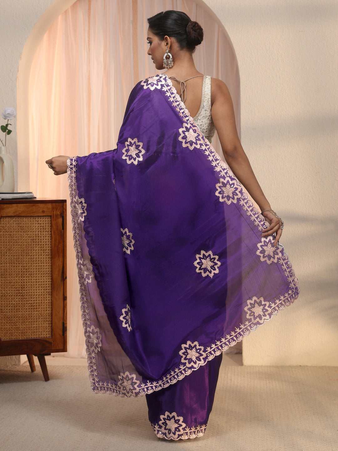 Libas Purple Floral Embroidered Satin Saree