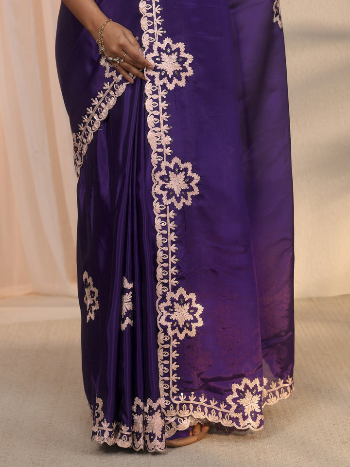 Libas Purple Floral Embroidered Satin Saree