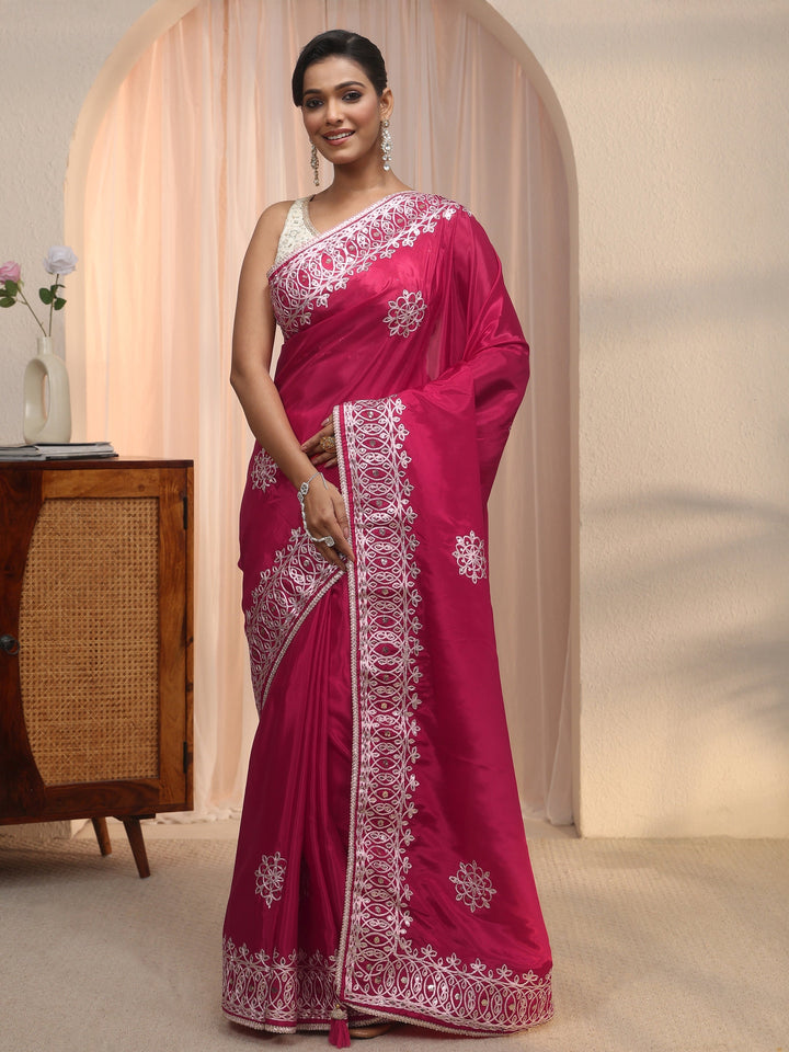 Libas Purple Floral Sequin Embellished Satin Saree