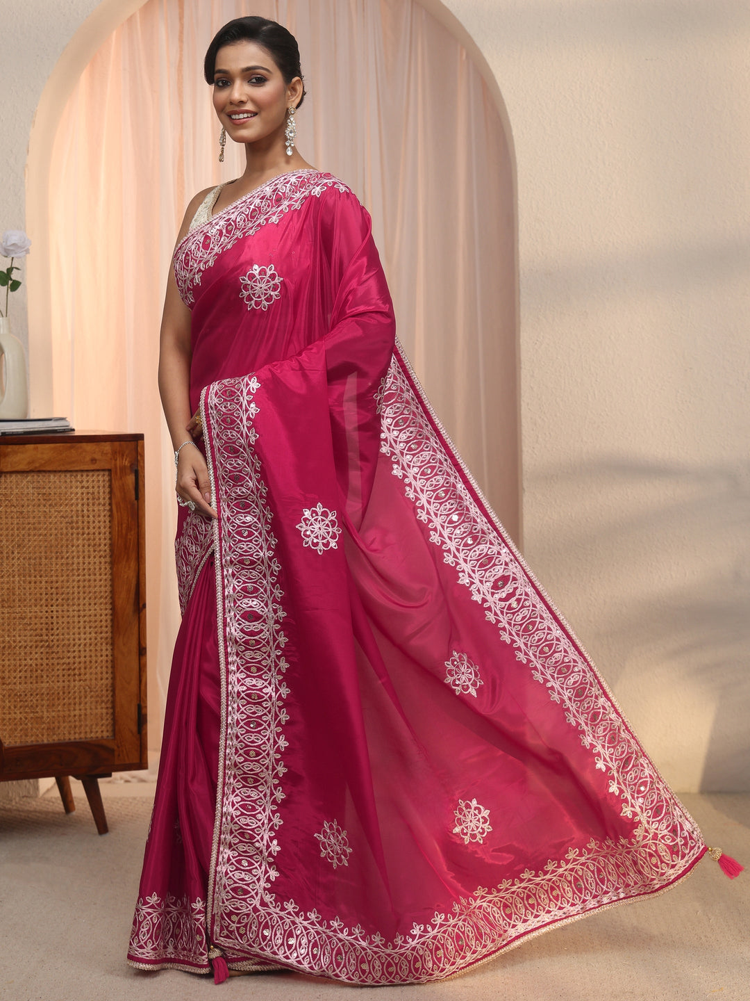Libas Purple Floral Sequin Embellished Satin Saree
