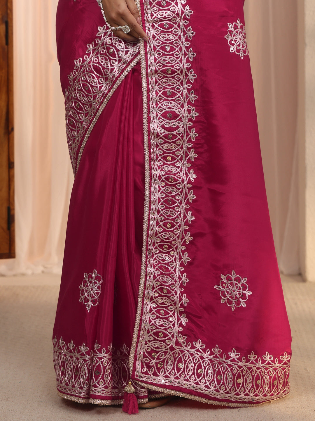 Libas Purple Floral Sequin Embellished Satin Saree