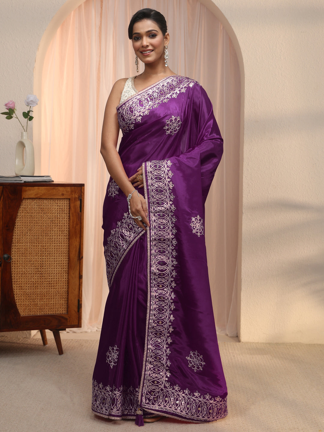 Libas Wine Floral Sequin Embellished Satin Saree