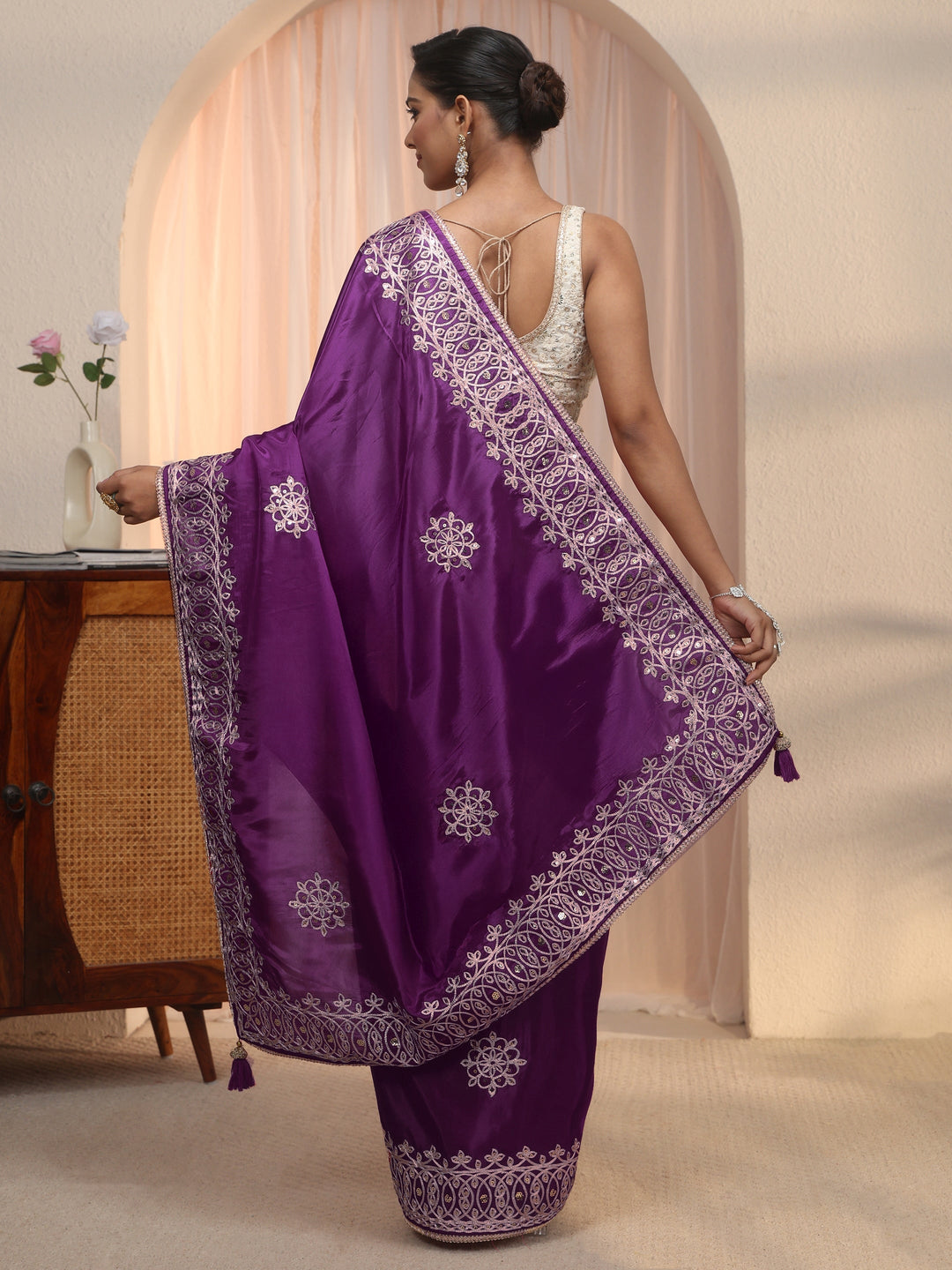 Libas Wine Floral Sequin Embellished Satin Saree