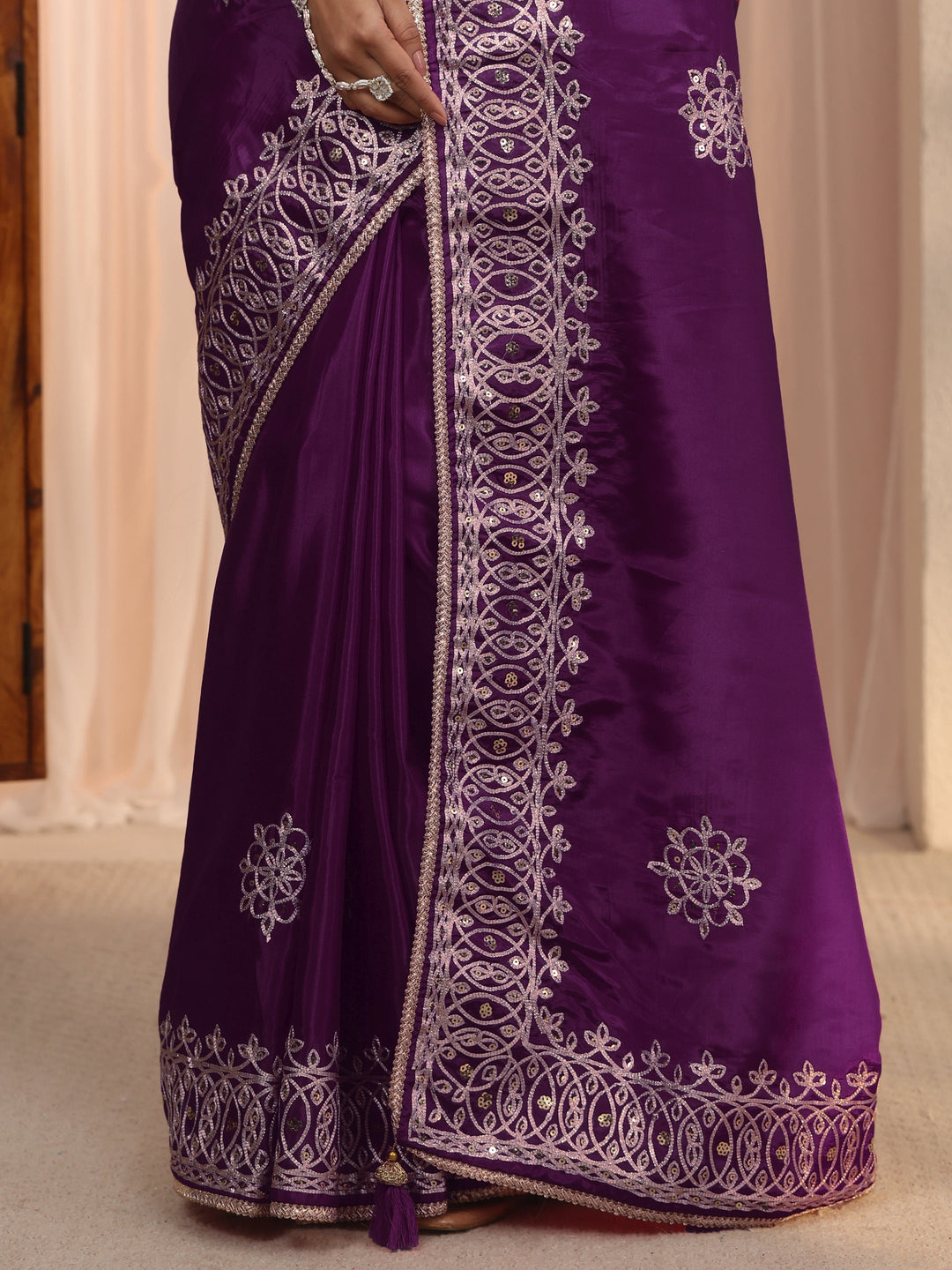 Libas Wine Floral Sequin Embellished Satin Saree