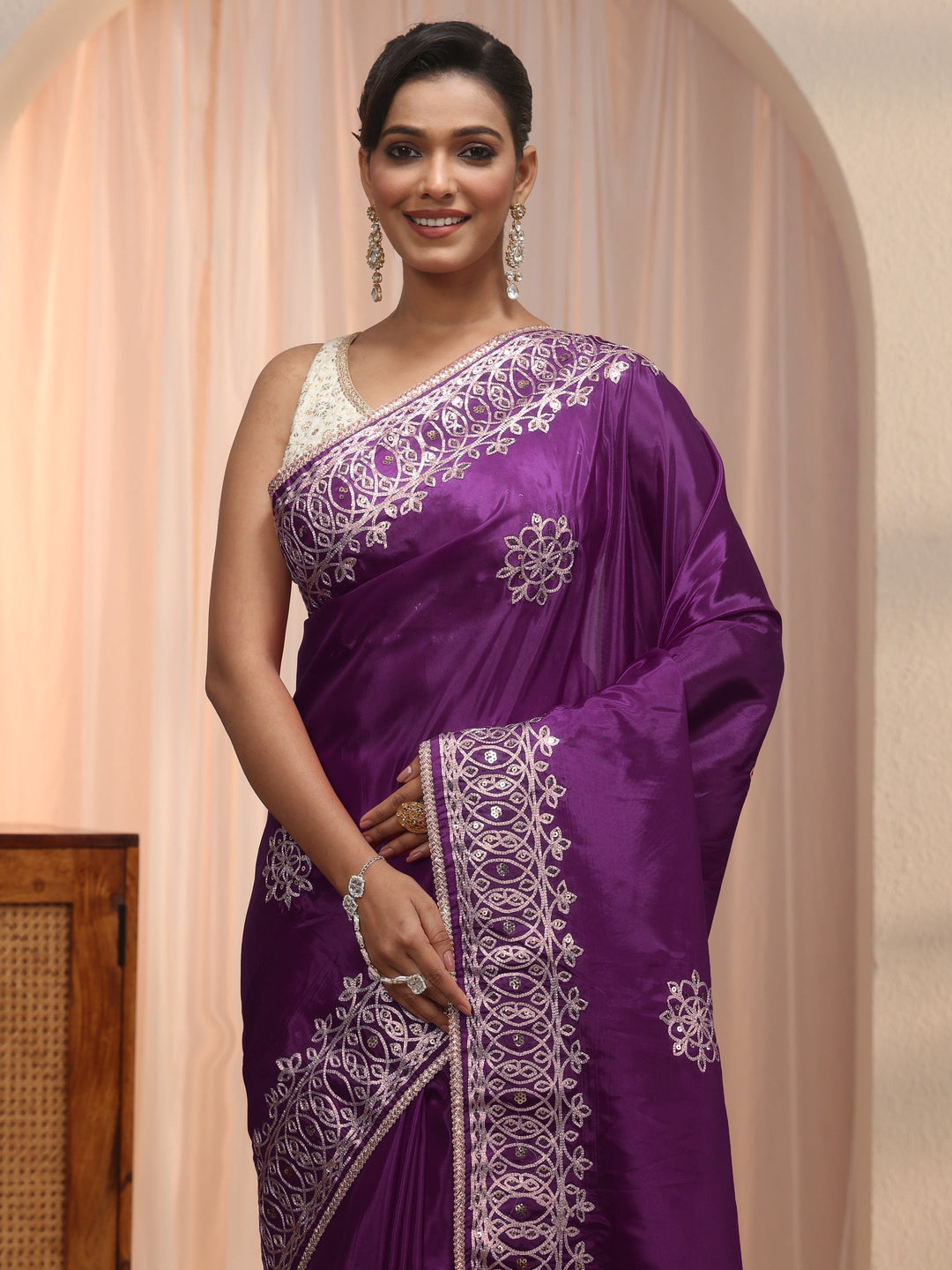 Libas Wine Floral Sequin Embellished Satin Saree