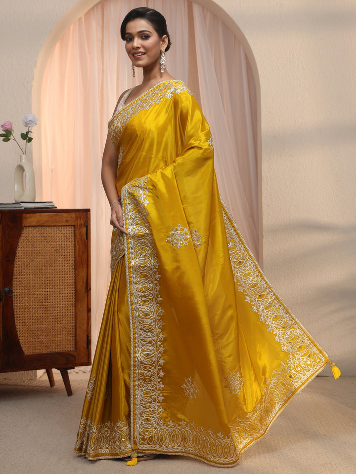 Libas Mustard Floral Sequin Embellished Satin Saree