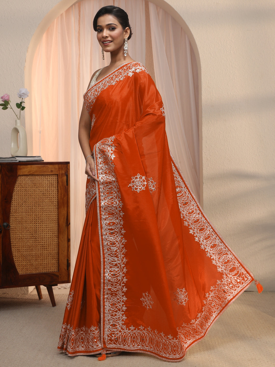 Libas Orange Floral Sequin Embellished Satin Saree