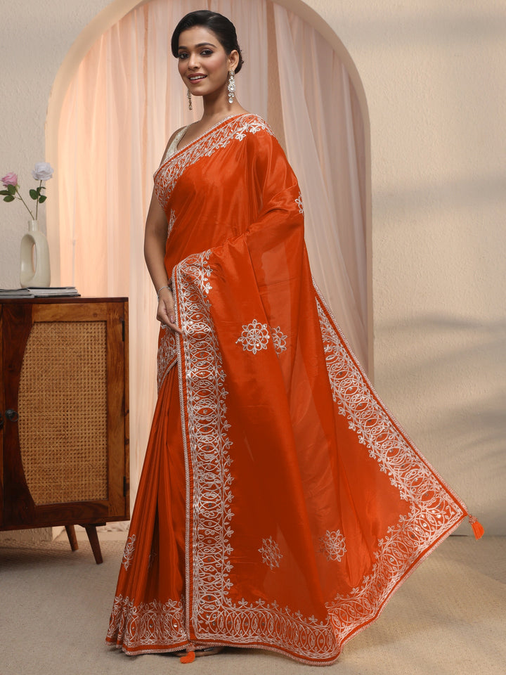 Libas Orange Floral Sequin Embellished Satin Saree