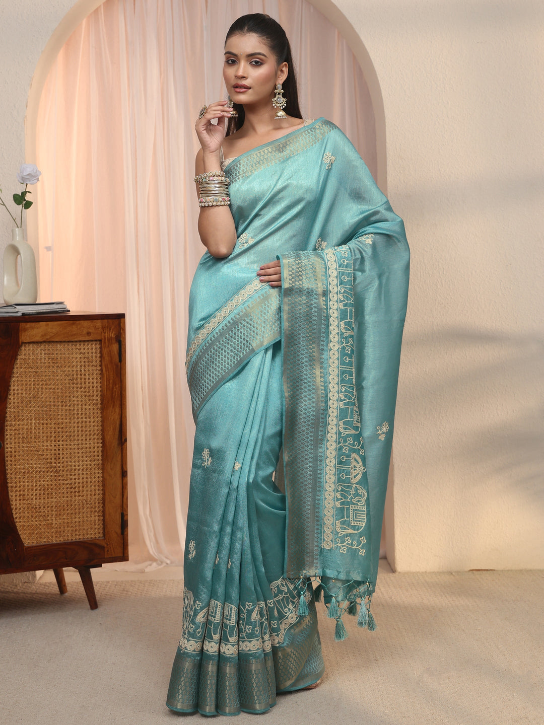 Libas Blue Ethnic Embroidered Silk Blend Tassel Saree