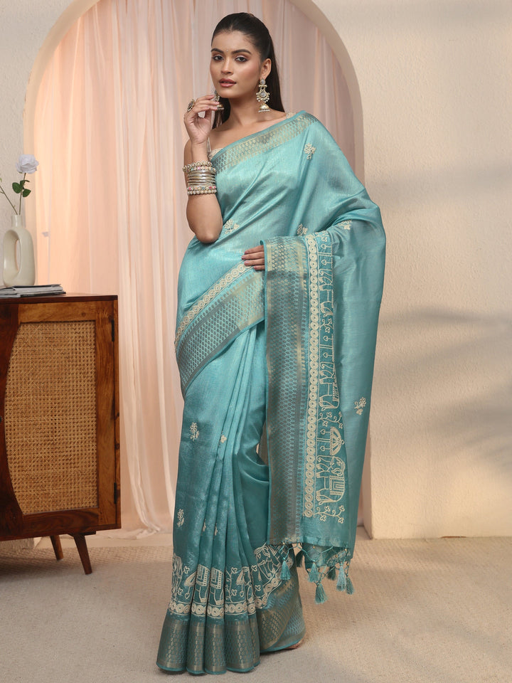 Libas Blue Ethnic Embroidered Silk Blend Tassel Saree