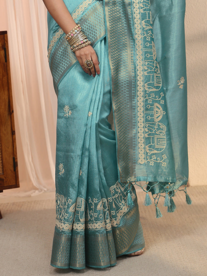 Libas Blue Ethnic Embroidered Silk Blend Tassel Saree