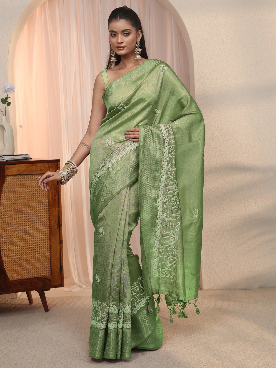 Libas Green Ethnic Embroidered Silk Blend Tassel Saree