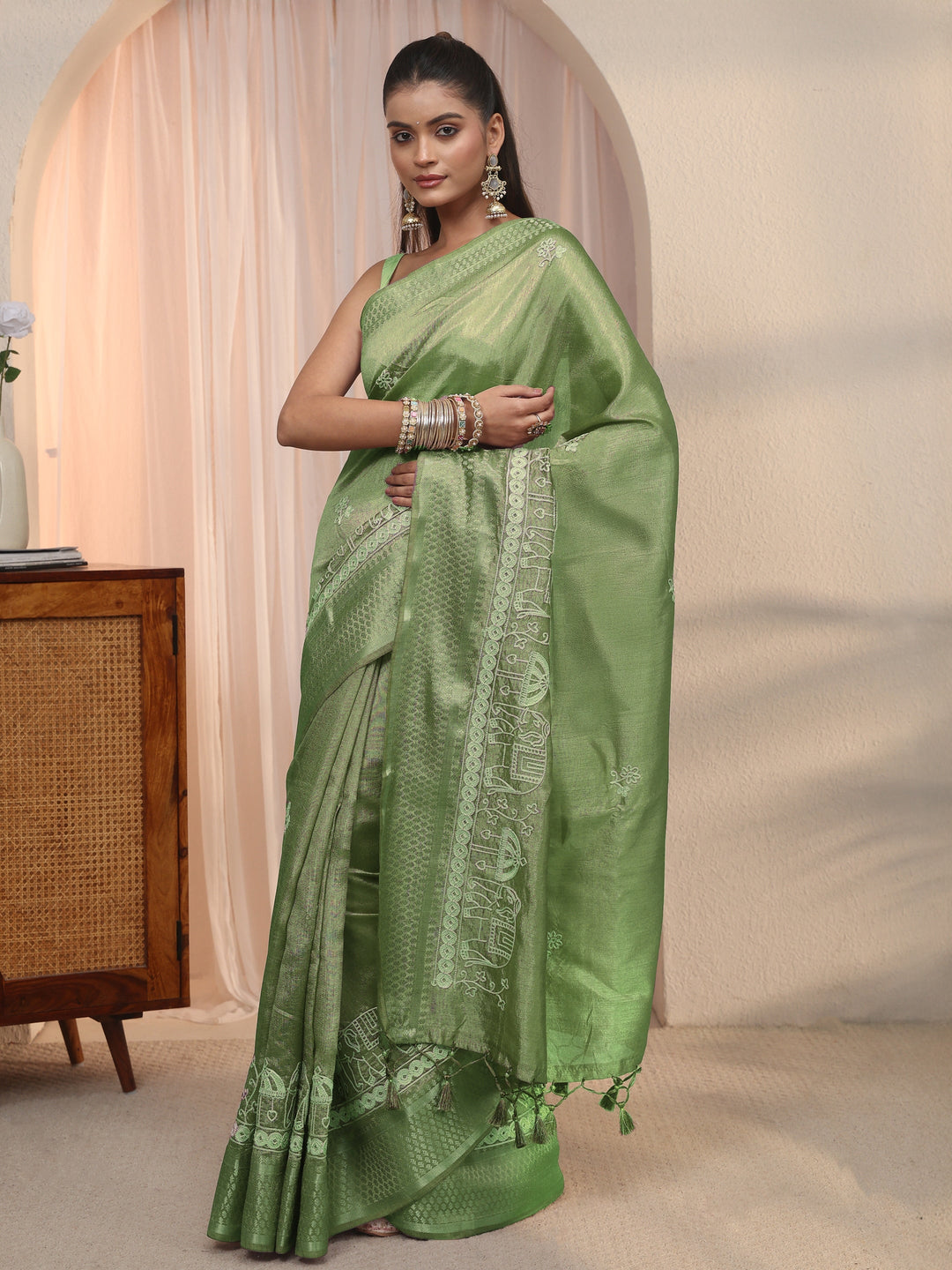 Libas Green Ethnic Embroidered Silk Blend Tassel Saree