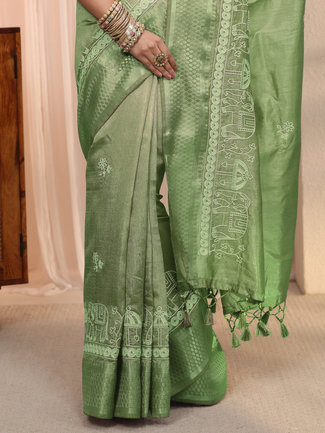 Libas Green Ethnic Embroidered Silk Blend Tassel Saree