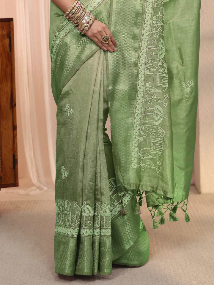 Libas Green Ethnic Embroidered Silk Blend Tassel Saree