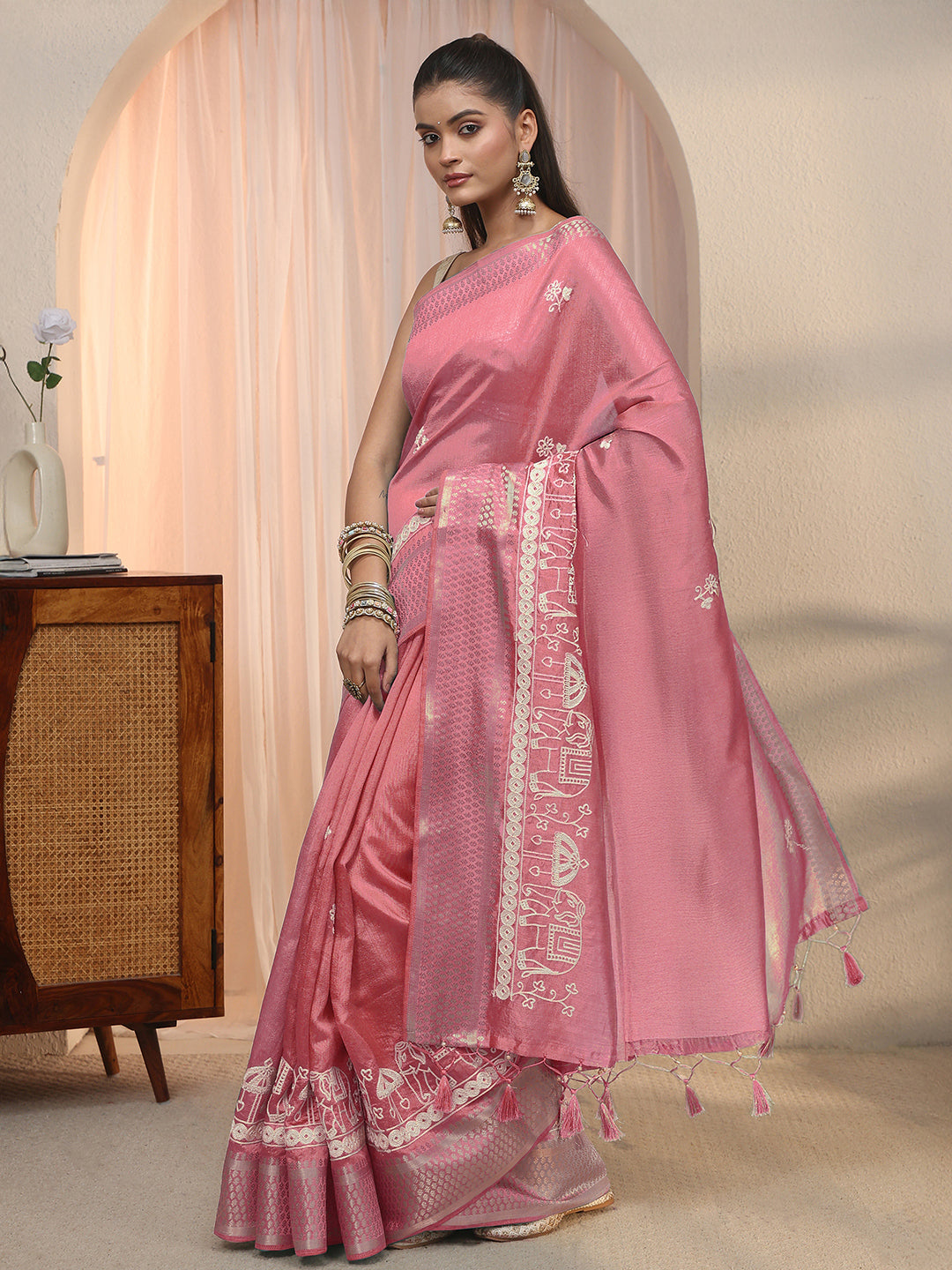 Libas Mauve Embroidered Silk Blend Tassel Saree with Woven Border