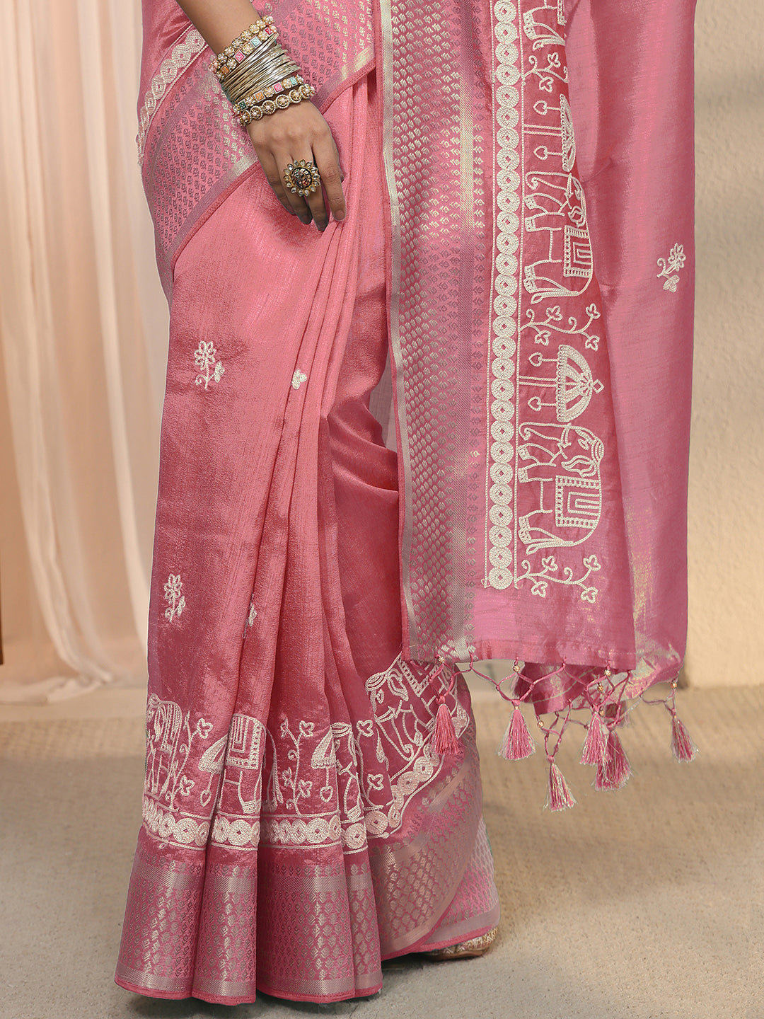 Libas Mauve Embroidered Silk Blend Tassel Saree with Woven Border