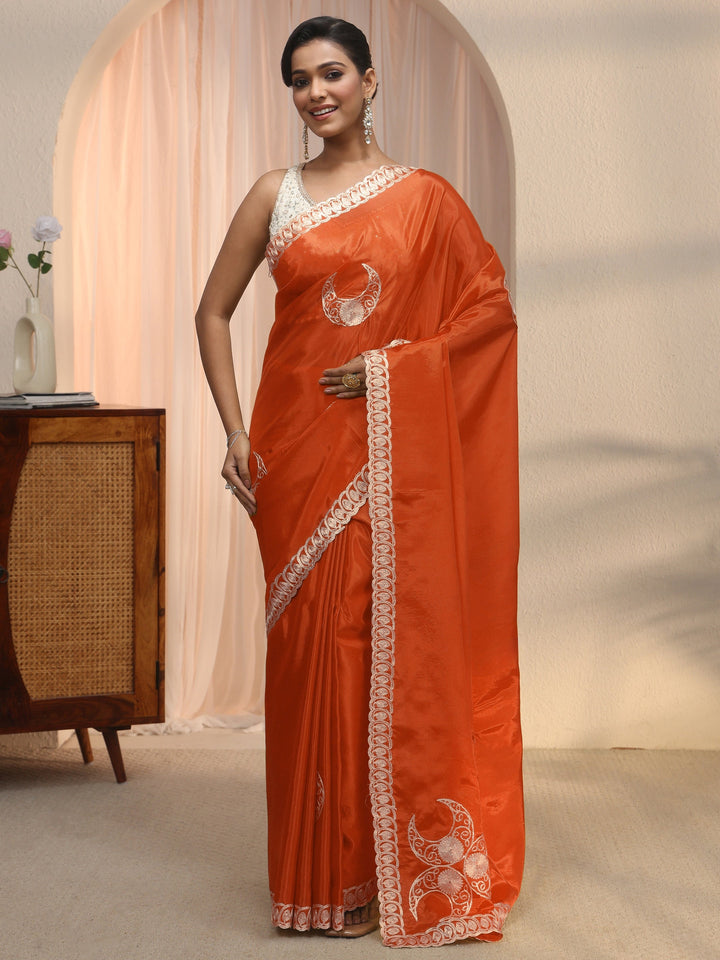 Libas Orange Ethnic Embroidered Satin Saree