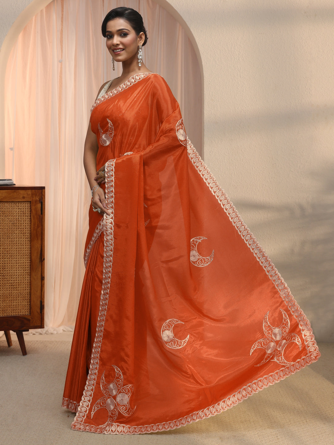 Libas Orange Ethnic Embroidered Satin Saree
