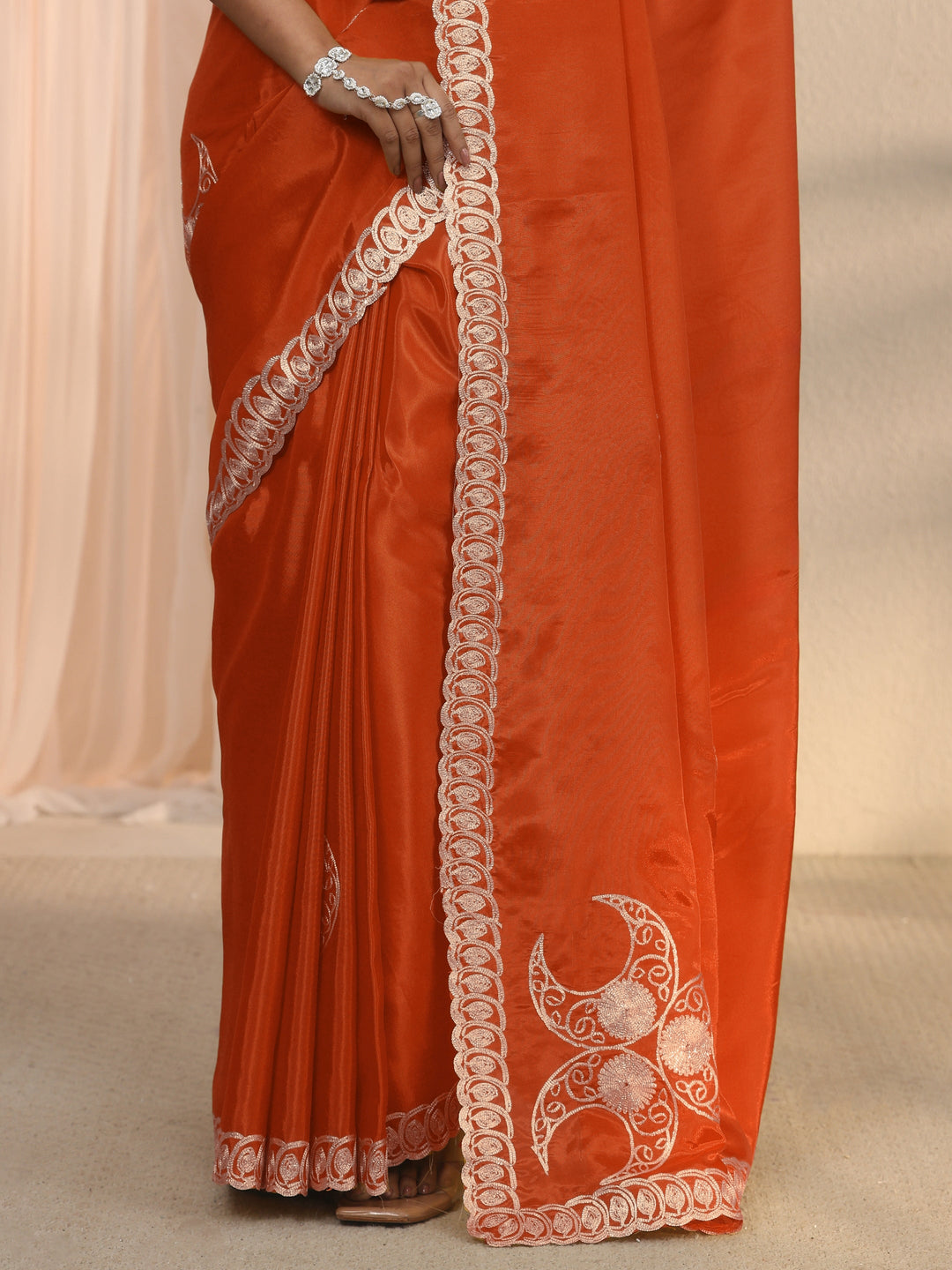 Libas Orange Ethnic Embroidered Satin Saree