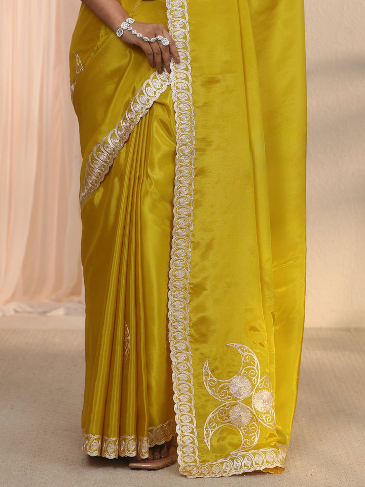 Libas Lime Green Ethnic Embroidered Satin Saree