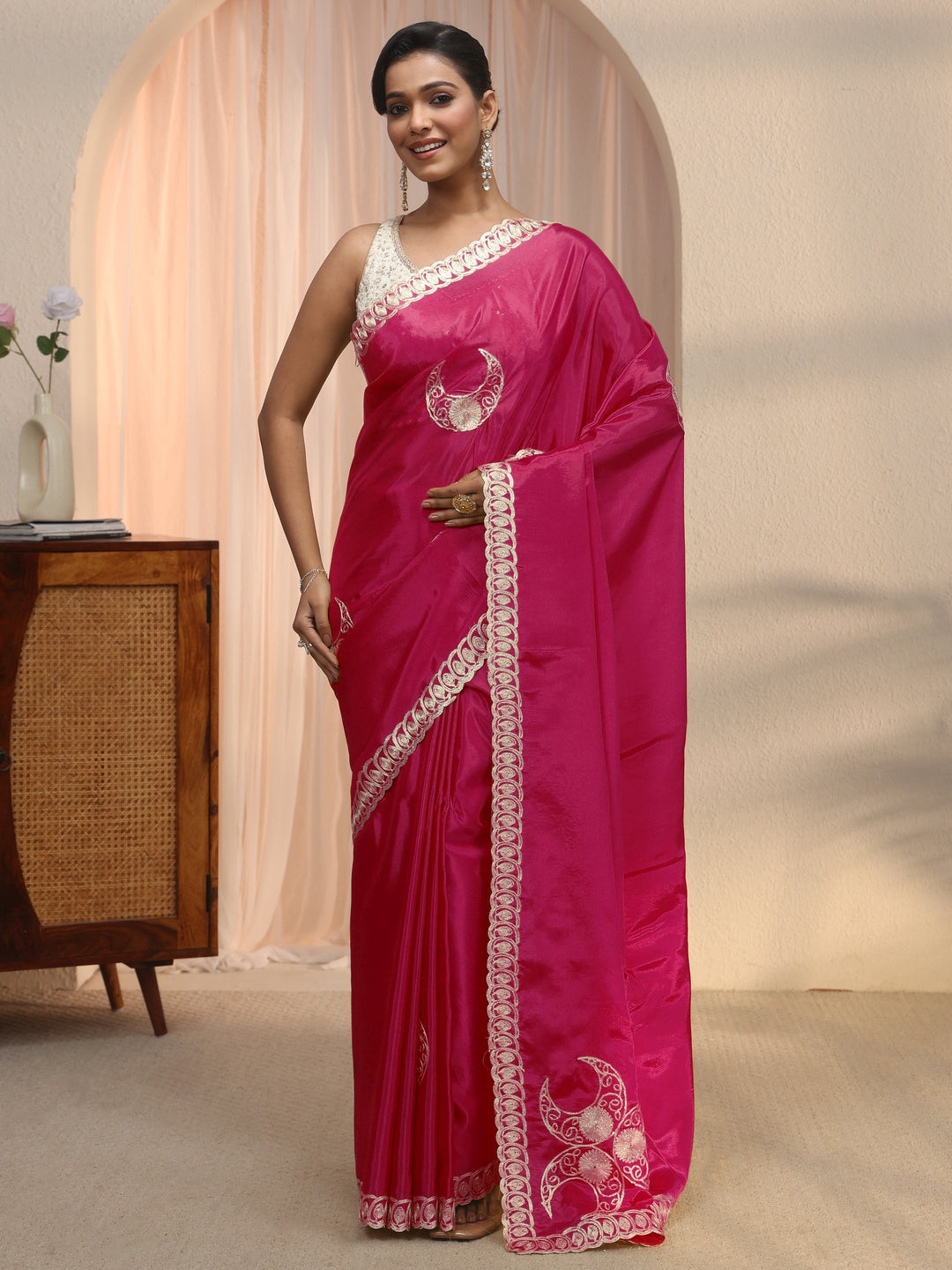 Libas Rani Pink Ethnic Embroidered Satin Saree