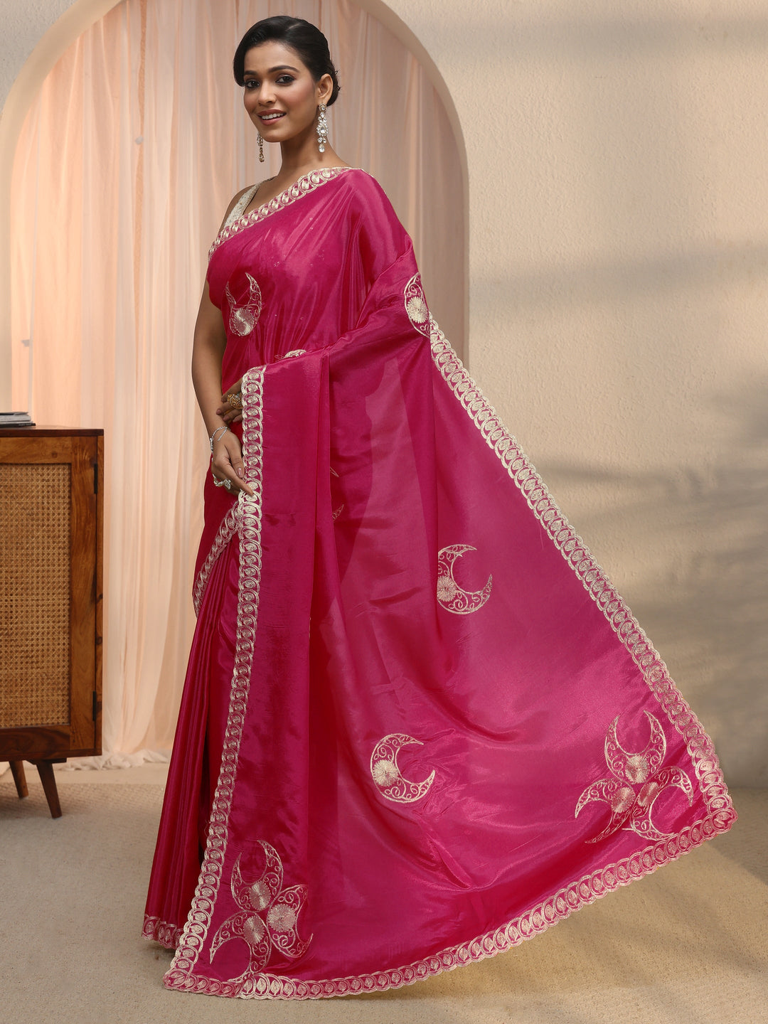 Libas Rani Pink Ethnic Embroidered Satin Saree