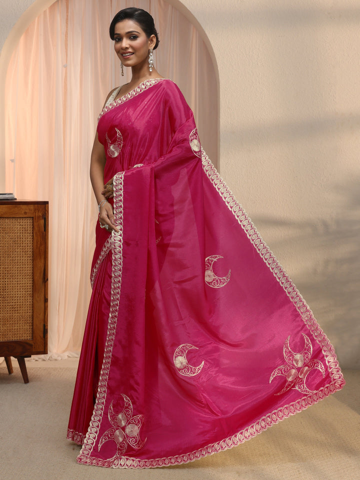 Libas Rani Pink Ethnic Embroidered Satin Saree