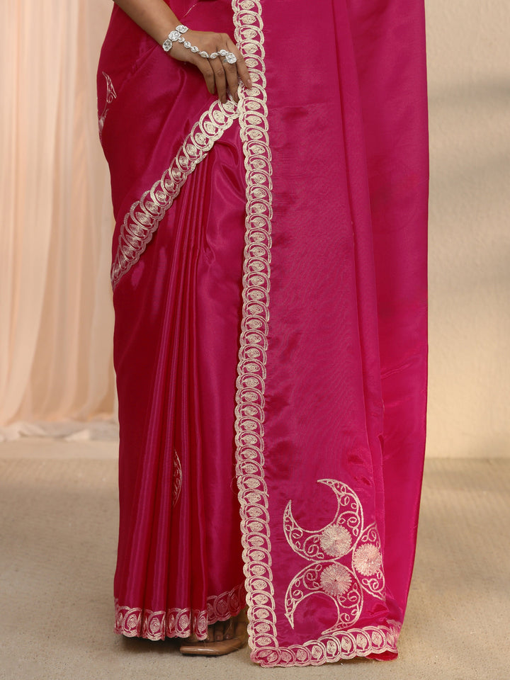 Libas Rani Pink Ethnic Embroidered Satin Saree