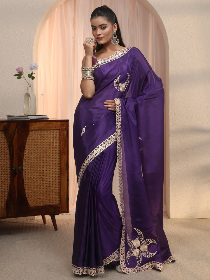 Libas Purple Ethnic Embroidered Satin Saree