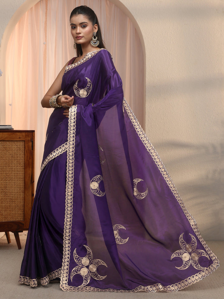 Libas Purple Ethnic Embroidered Satin Saree