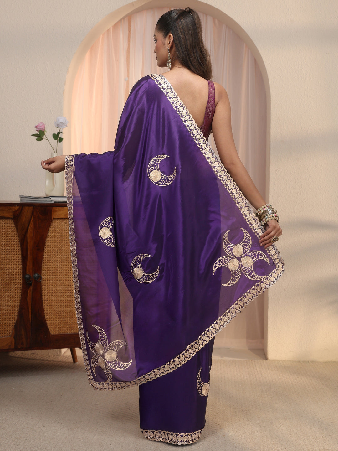Libas Purple Ethnic Embroidered Satin Saree
