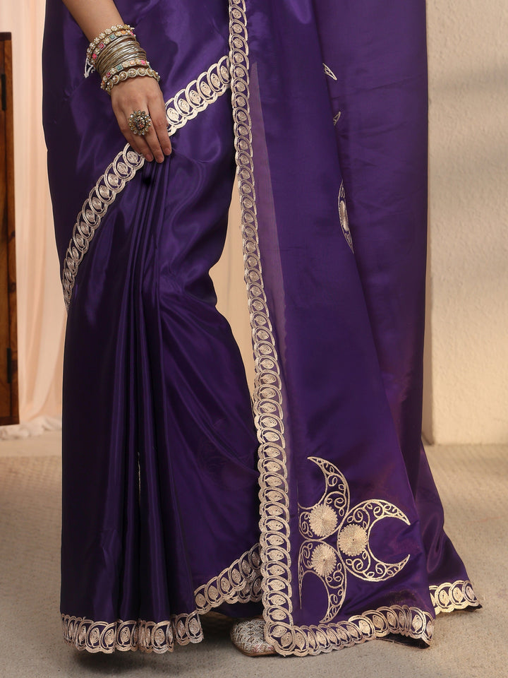 Libas Purple Ethnic Embroidered Satin Saree