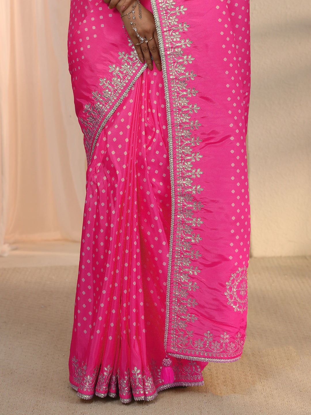 Libas Pink Printed Satin Saree with Embroidered Border