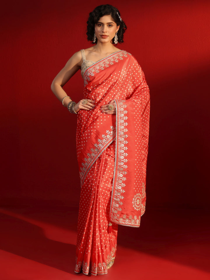 Libas Orange Printed Satin Saree with Embroidered Border