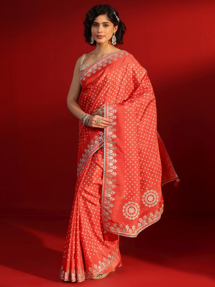 Libas Orange Printed Satin Saree with Embroidered Border