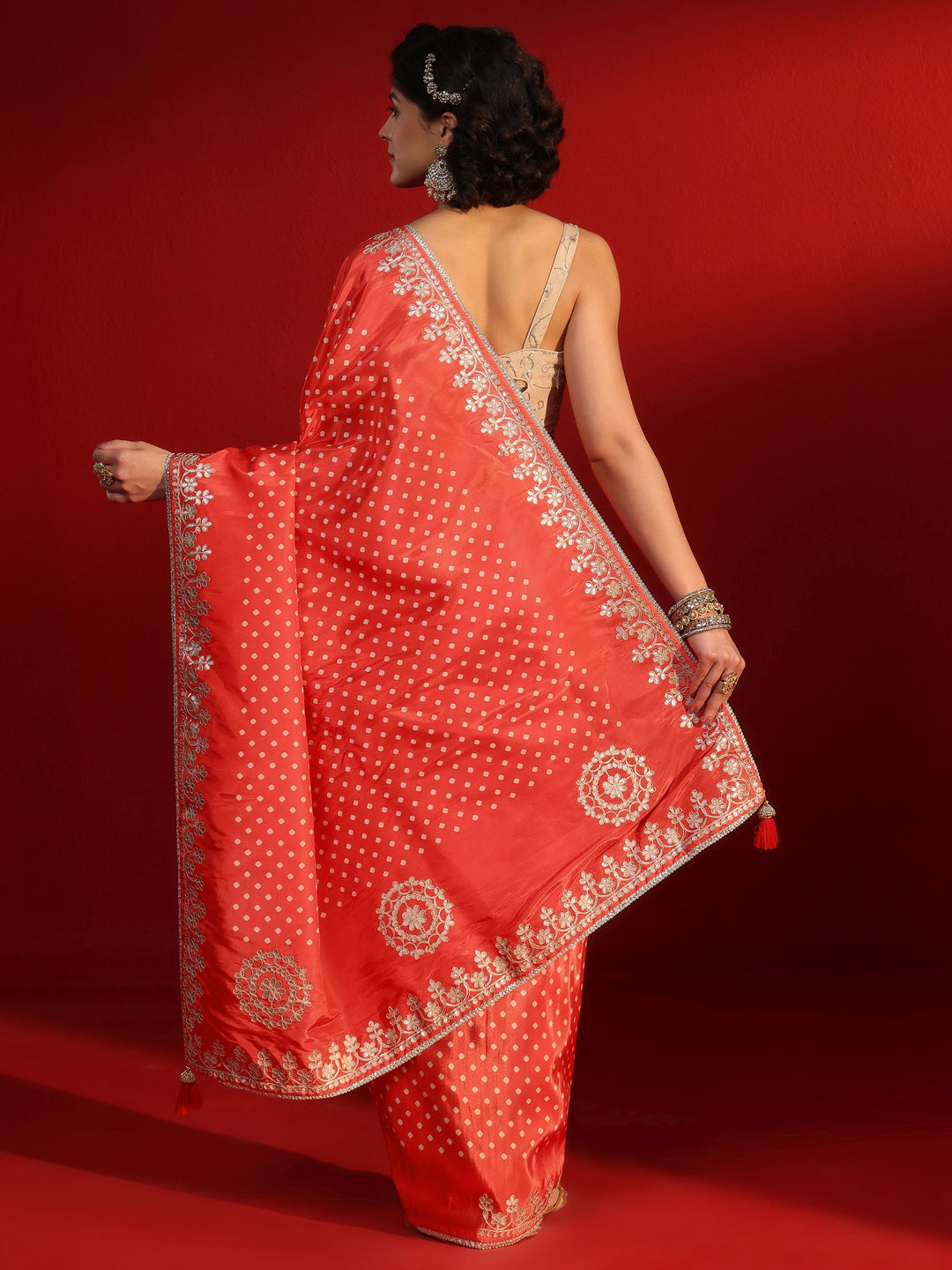 Libas Orange Printed Satin Saree with Embroidered Border