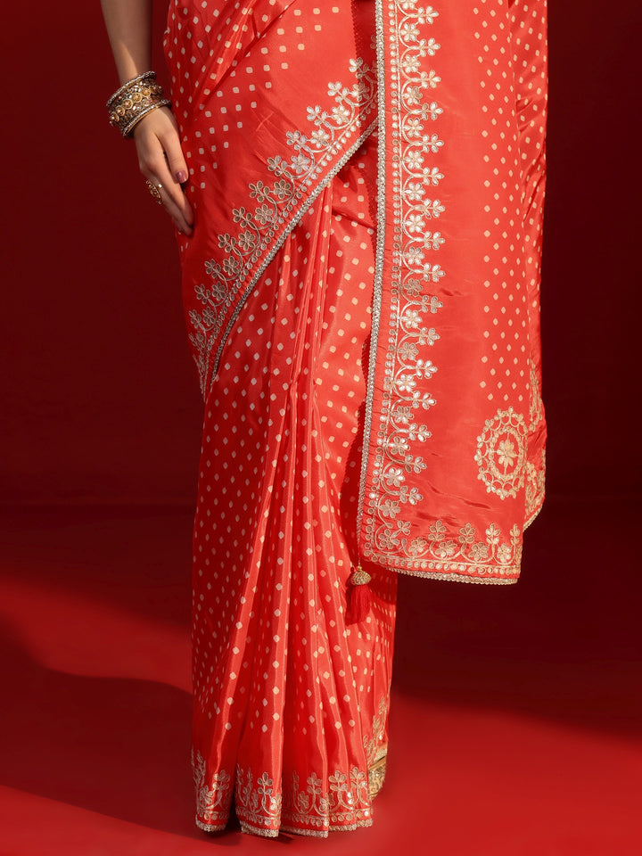 Libas Orange Printed Satin Saree with Embroidered Border