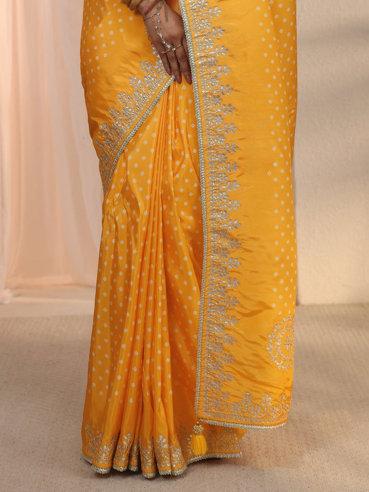 Libas Mustard Bandhani Printed Satin Saree with Embroidered Border
