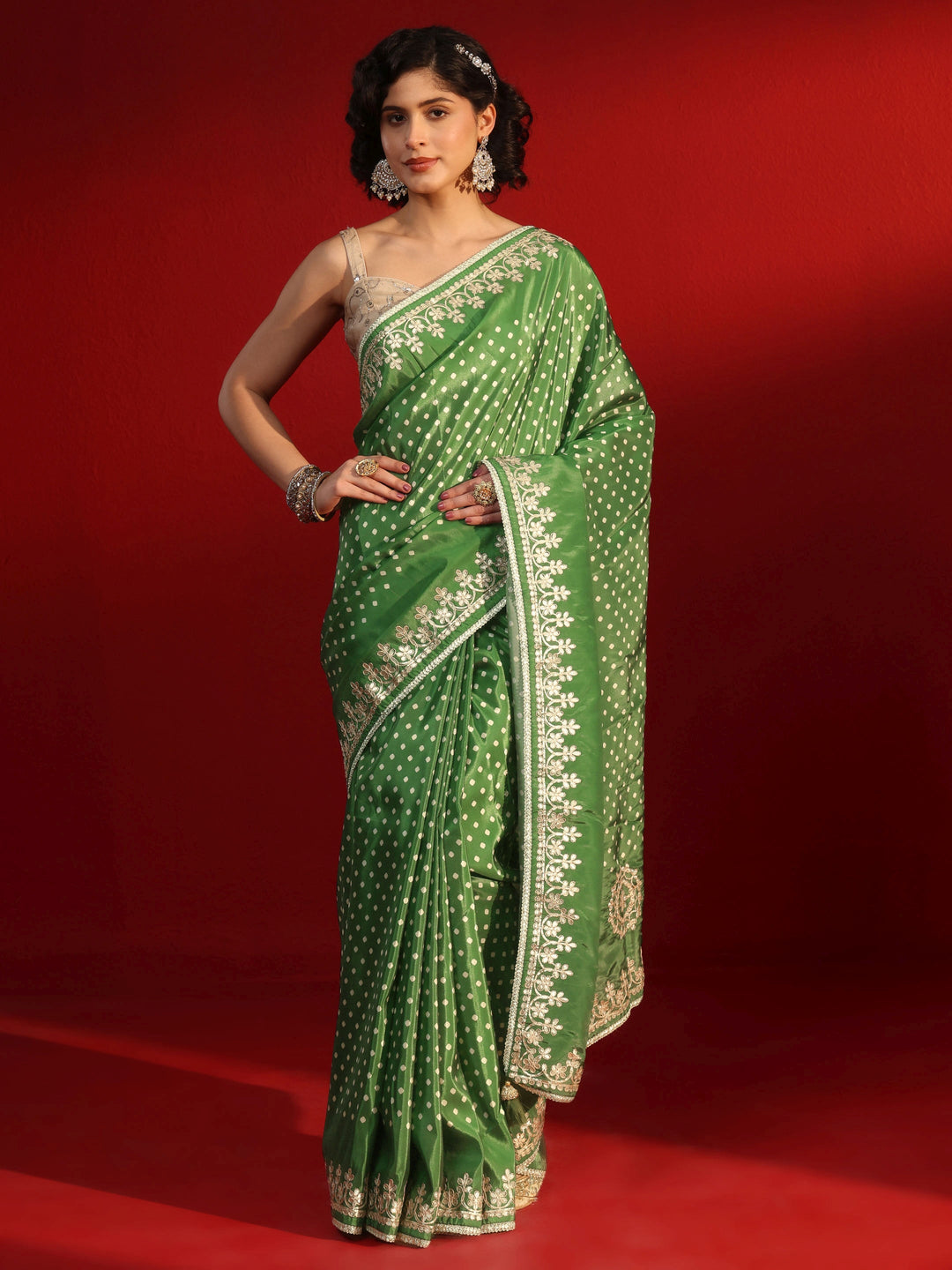 Libas Green Printed Satin Saree with Embroidered Border