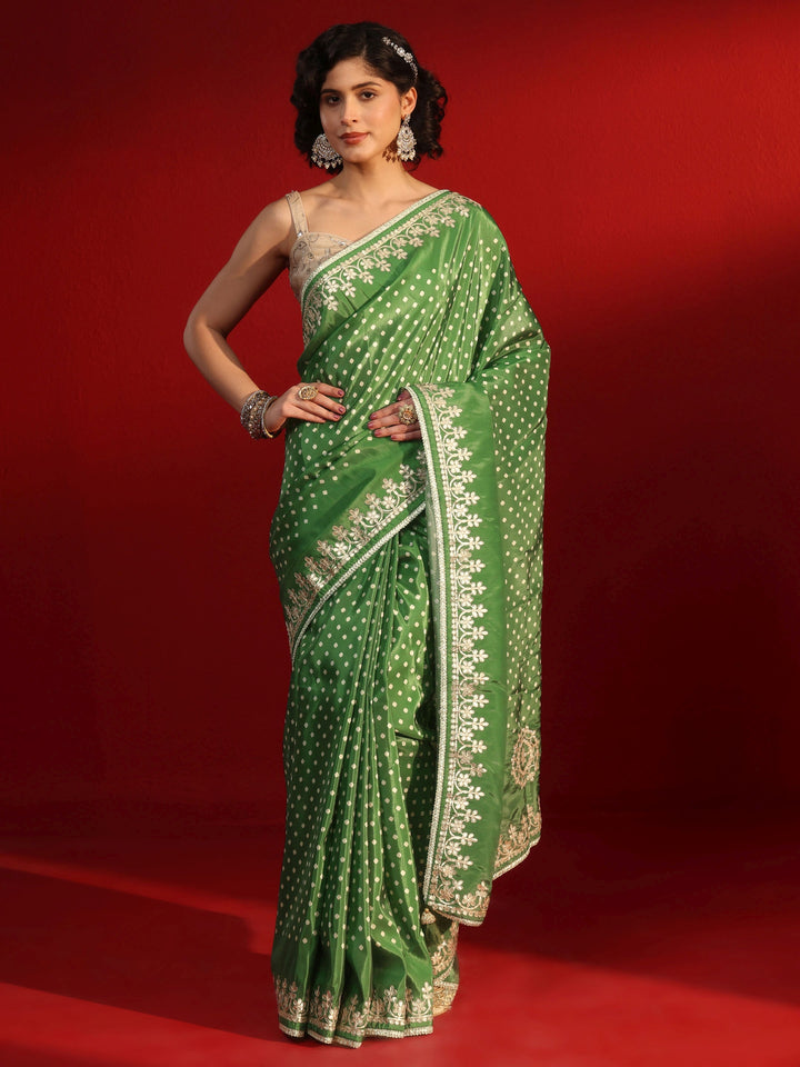 Libas Green Printed Satin Saree with Embroidered Border