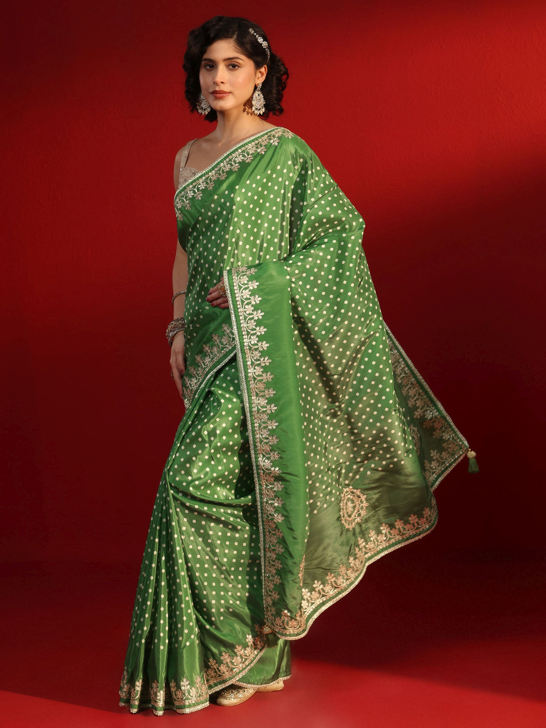 Libas Green Printed Satin Saree with Embroidered Border