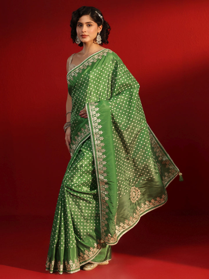 Libas Green Printed Satin Saree with Embroidered Border