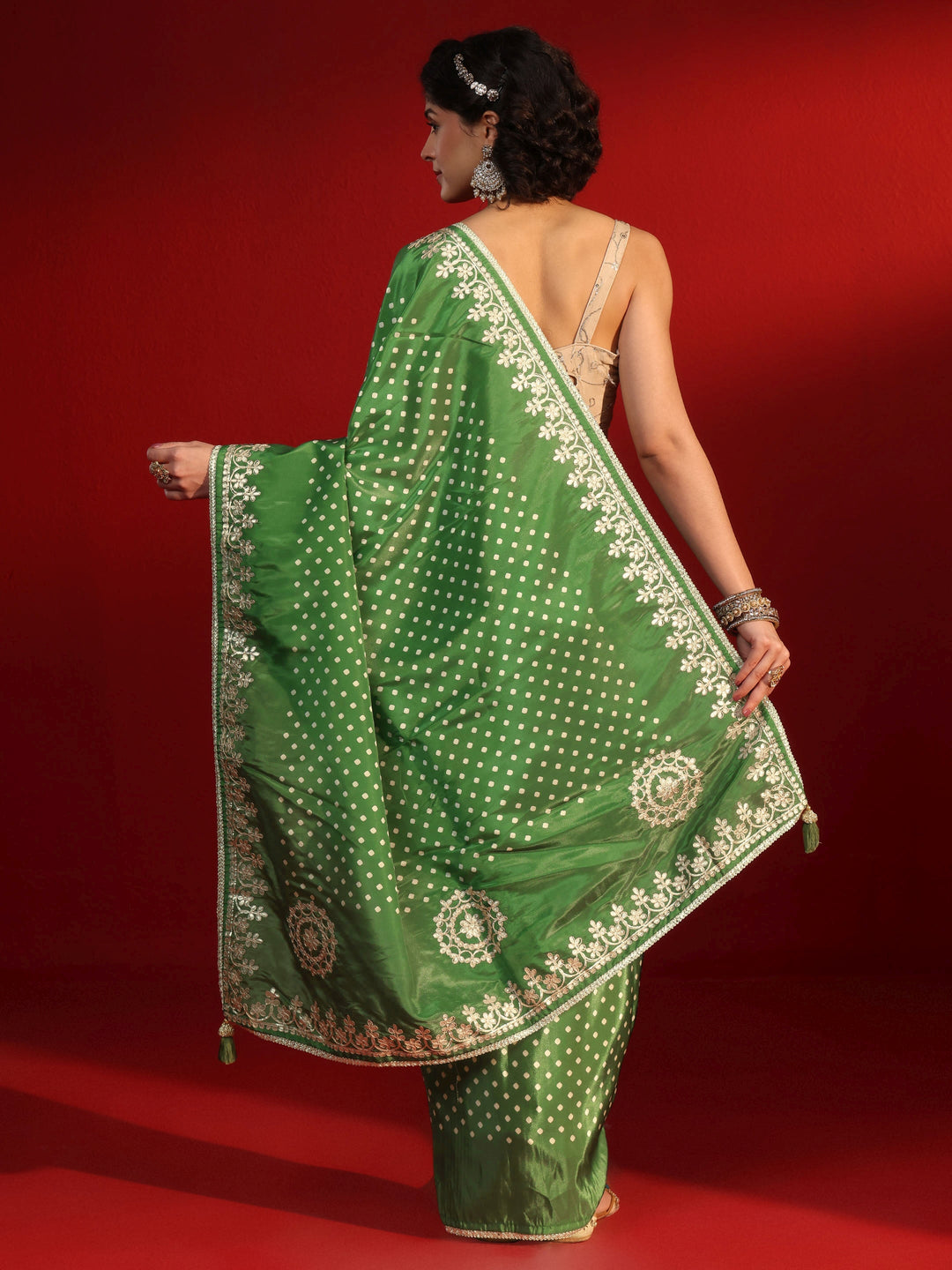 Libas Green Printed Satin Saree with Embroidered Border